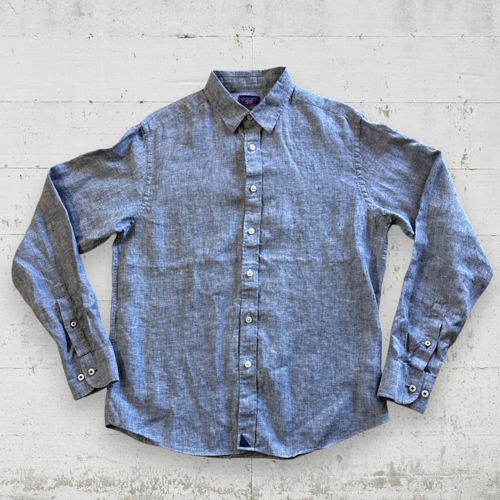 Untuckit Strausse Shirt Men's M Gray Chambray 100% Linen Breathable Casual Beach